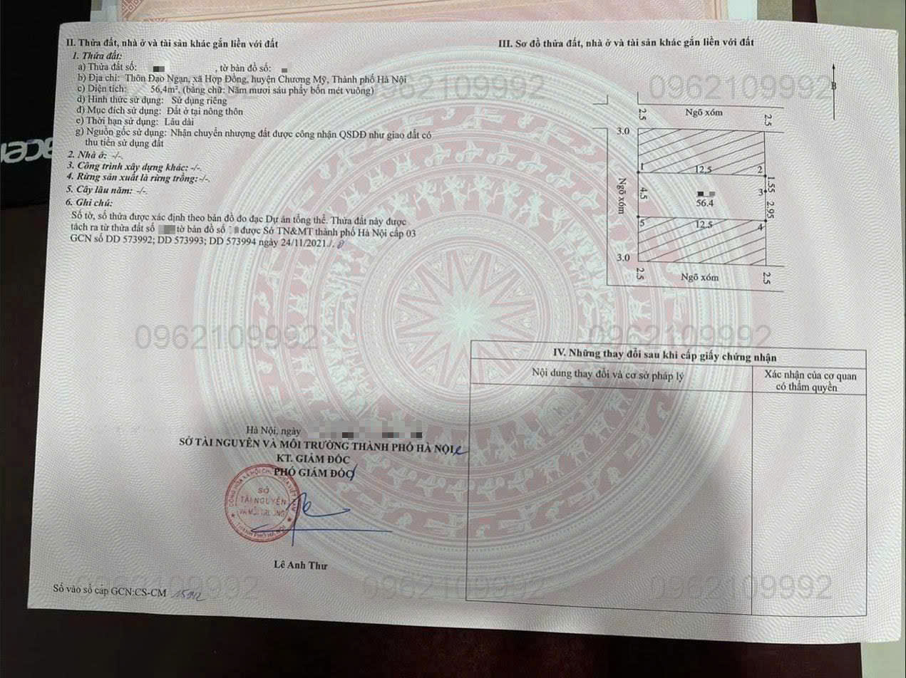 SIÊU PHẨM NÀN 2 TL 419 HỢP ĐỒNG-CHƯƠNG MỸ Diện tích:56,4M mặt tiền+ hậu=4 dài 12,5m cách tỉnh lộ 419 chỉ 10m là ra