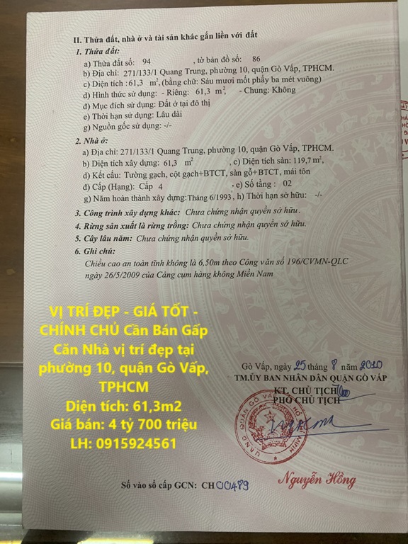 VỊ TRÍ ĐẸP - GIÁ TỐT - CHÍNH CHỦ Cần Bán Gấp Căn Nhà vị trí đẹp tại phường 10, quận Gò Vấp, TPHCM