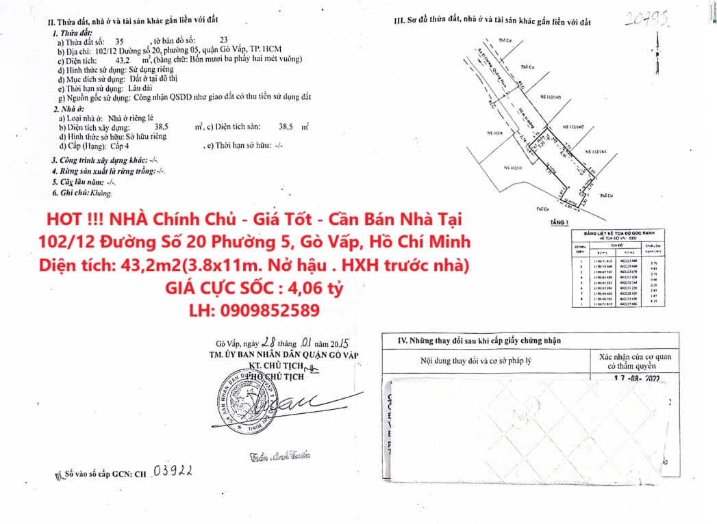 HOT !!! NHÀ Chính Chủ - Giá Tốt - Cần Bán Nhà Tại Phường 5, Gò Vấp, Hồ Chí Minh