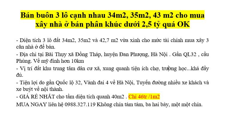 Bán 3 lô cạnh nhau 34m2, 35m2, 43 m2 cho mua xây nhà ở bán phân khúc dưới 2,5 tỷ quá OK