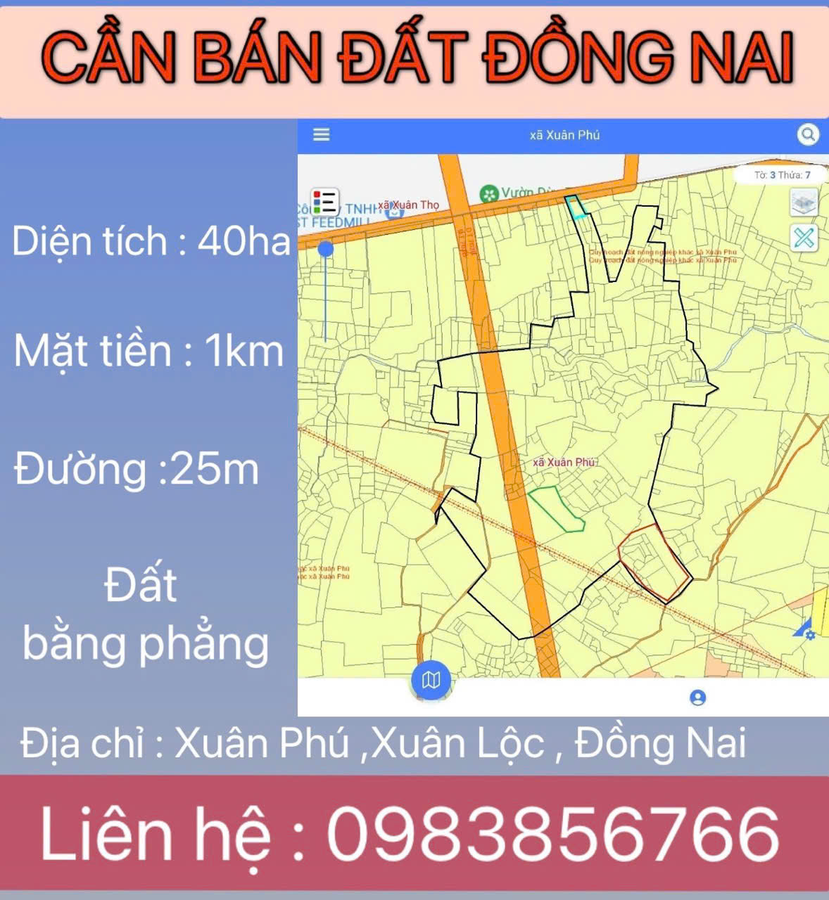 ĐẤT ĐẸP - ĐẦU TƯ SINH LỜI - Chính Chủ Cần Bán Lô Đất MẶT TIỀN Tại Xuân Phú, Xuân Lộc, Đồng Nai