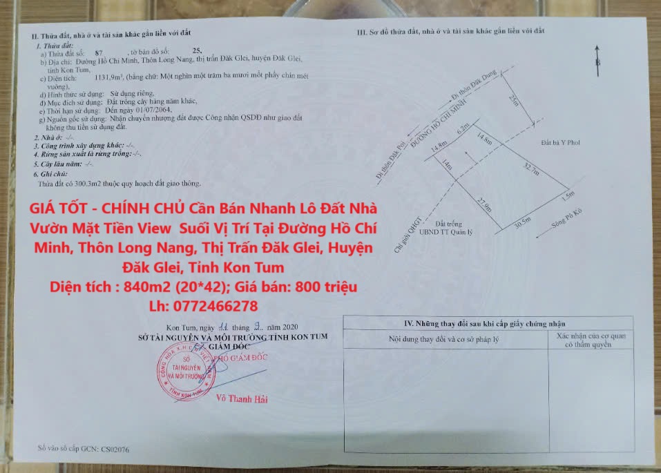 GIÁ TỐT - CHÍNH CHỦ Cần Bán Nhanh Lô Đất Nhà Vườn Mặt Tiền View Suối Vị Trí Tại Tỉnh Kon Tum