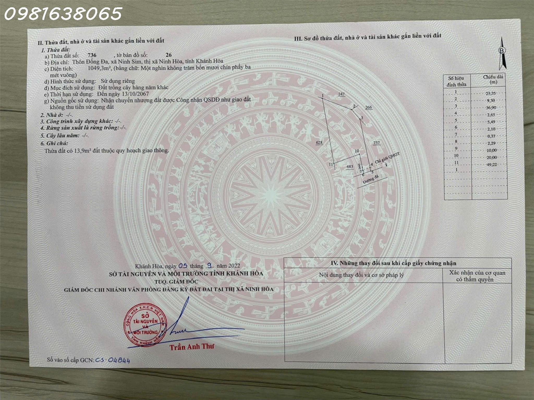 Hàng Hot Ninh Sim, Ninh Hòa, Khánh hòa, HNK QH thổ Cư Giá Chỉ 620k / m2 cạnh khu công nghiệp Ninh Xuân
