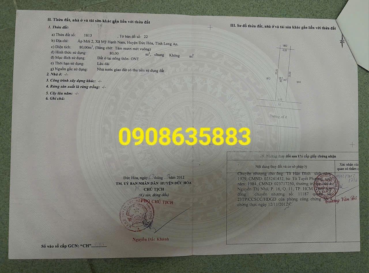 Chính Chủ Cần Bán Lô Đất Vị Trí Đẹp - Gía Đầu Tư Tại Xã Mỹ Hạnh Nam , Đức Hòa, Long An