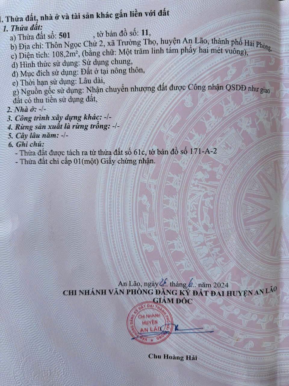 CHÍNH CHỦ CẦN BÁN LÔ ĐẤT Vị Trí Đắc Địa Tại xã Trường Thọ, huyện An Lão, TP Hải Phòng- Hải Phòng