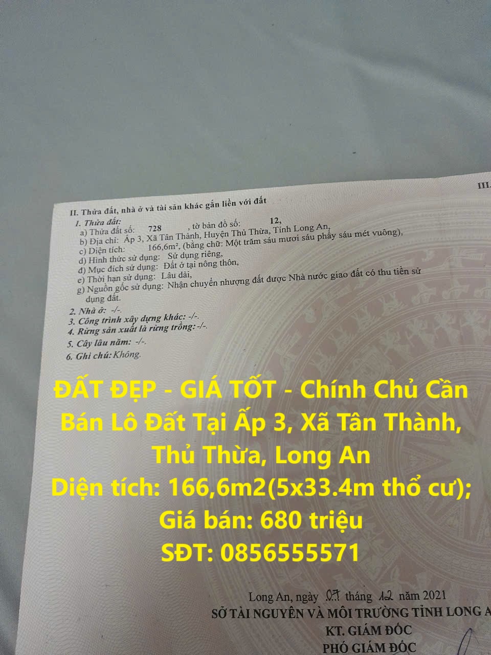 ĐẤT ĐẸP - GIÁ TỐT - Chính Chủ Cần Bán Lô Đất Tại Ấp 3, Xã Tân Thành, Thủ Thừa, Long An