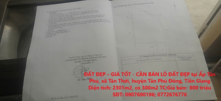 ĐẤT ĐẸP – GIÁ TỐT - CẦN BÁN LÔ ĐẤT ĐẸP tại huyện Tân Phú Đông, tỉnhTiền Giang