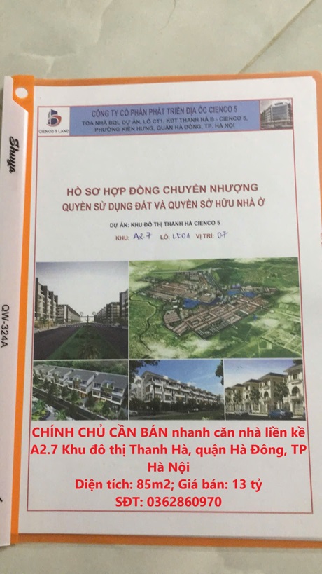 CHÍNH CHỦ CẦN BÁN nhanh căn nhà liền kề A2.7 Khu đô thị Thanh Hà, quận Hà Đông, TP Hà Nội