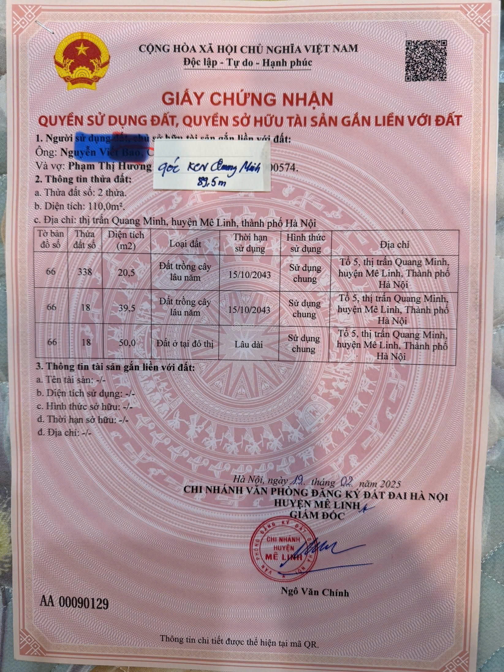 Chính chủ cần bán nhanh lô đất 89.5m2 tổ 5, TT Quang Minh, Mê Linh, Hà Nội LH 0923 662 268 cc Anh Bình
