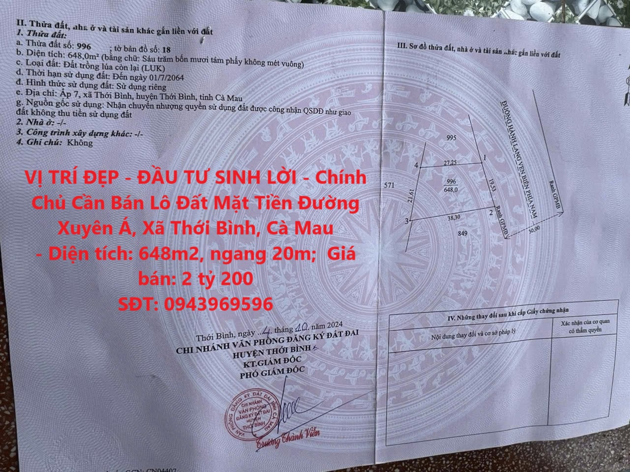 VỊ TRÍ ĐẸP - ĐẦU TƯ SINH LỜI - Chính Chủ Cần Bán Lô Đất Mặt Tiền Đường Xuyên Á, Xã Thới Bình, Cà Mau