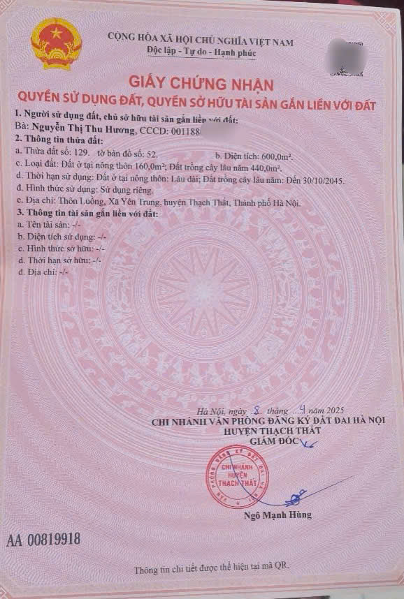 EM CẦN THANH KHOẢN NHANH ĐẤT ĐẸP GIÁ RẺ NHẤT TẠI YÊN TRUNG SỔ HỒNG THƠM PHỨC
