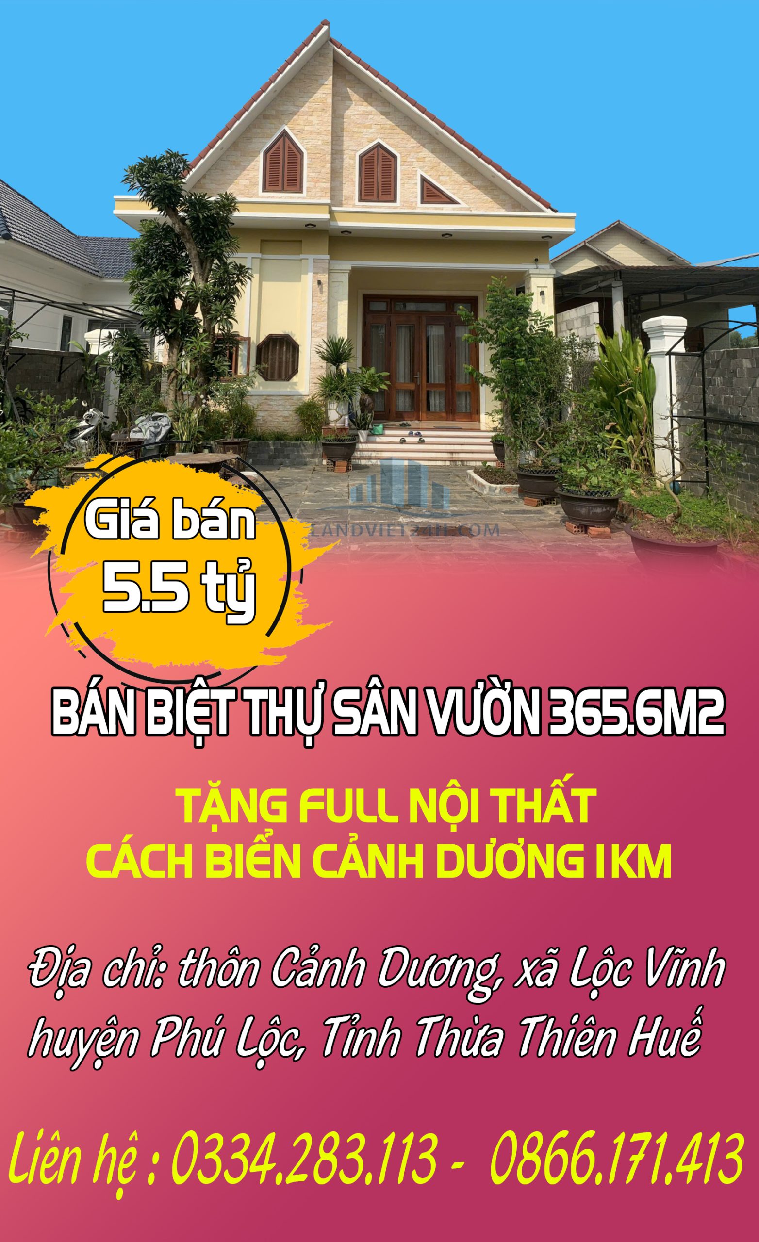 BÁN BIỆT THỰ SÂN VƯỜN 365.6M2 TẶNG FULL NỘI THẤT CÁCH BIỂN CẢNH DƯƠNG 1KM