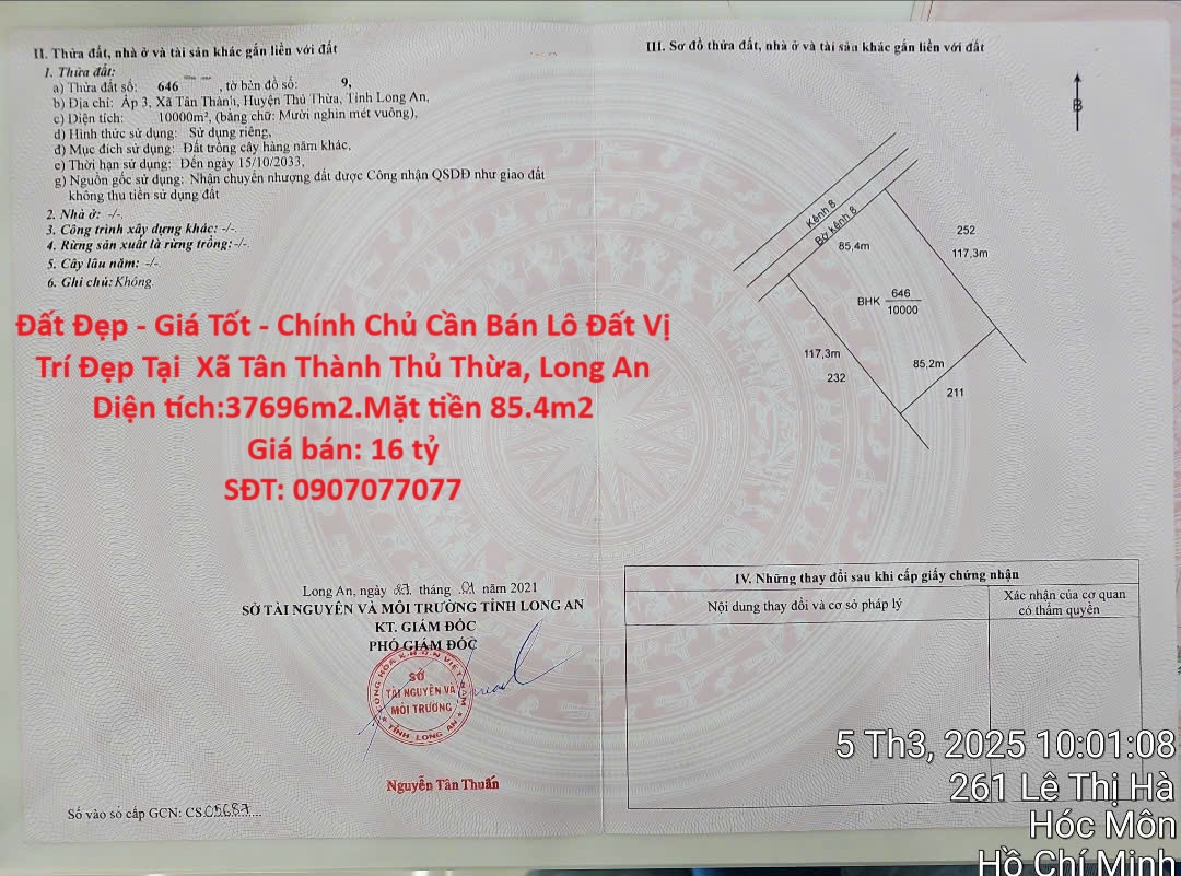 Đất Đẹp - Giá Tốt - Chính Chủ Cần Bán Lô Đất Vị Trí Đẹp Tại Xã Tân Thành Thủ Thừa, Long An