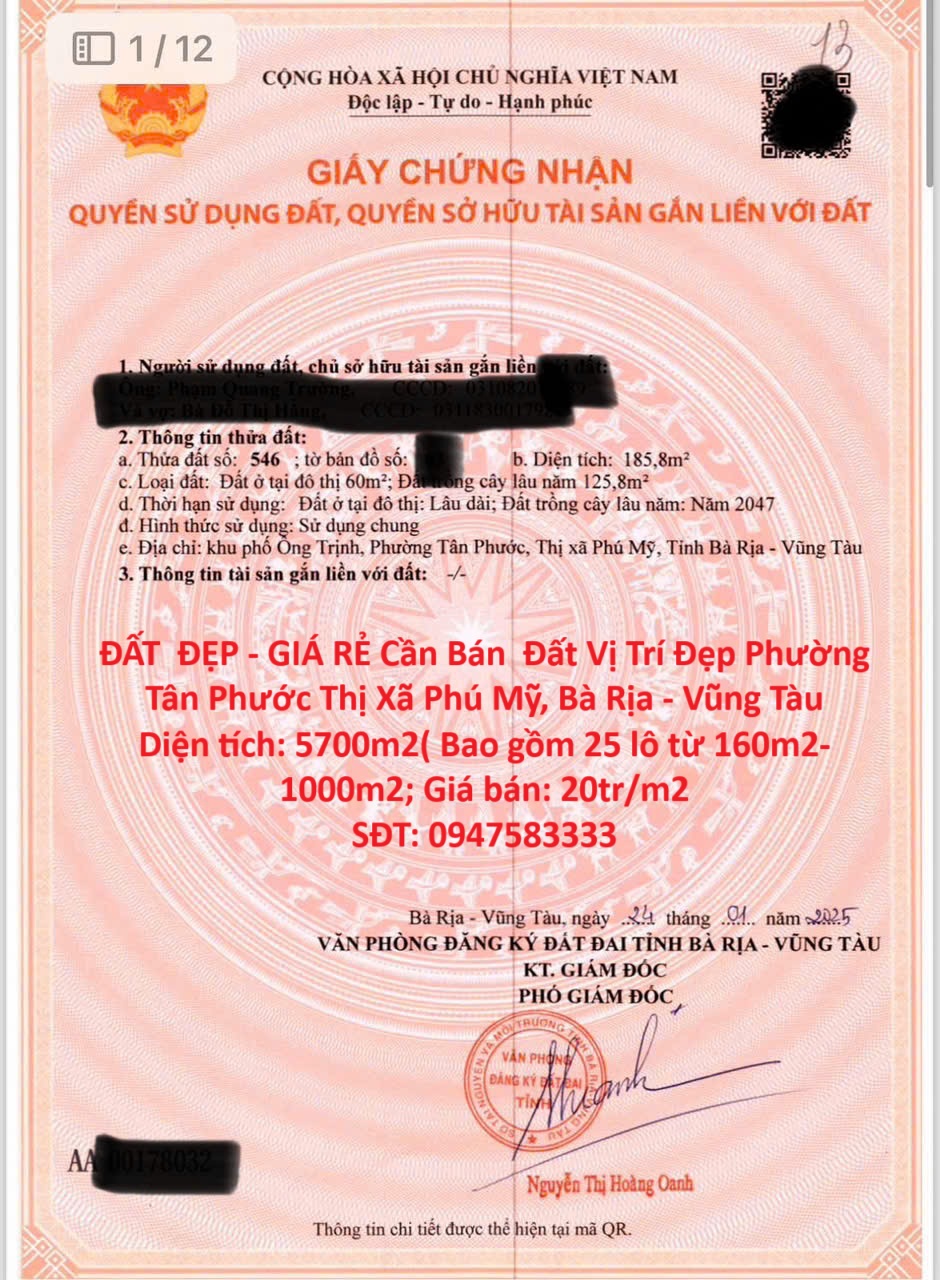 ĐẤT ĐẸP - GIÁ RẺ Cần Bán Đất Vị Trí Đẹp Phường Tân Phước Thị Xã Phú Mỹ, Bà Rịa - Vũng Tàu