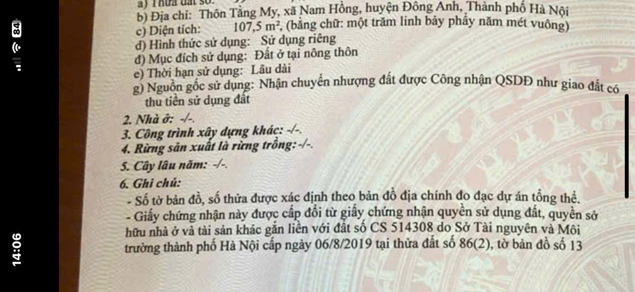 Cần bán 107,5m2 đất Thôn Tằng My, Xã Nam Hồng, Đông Anh. Sổ đỏ chính chủ
