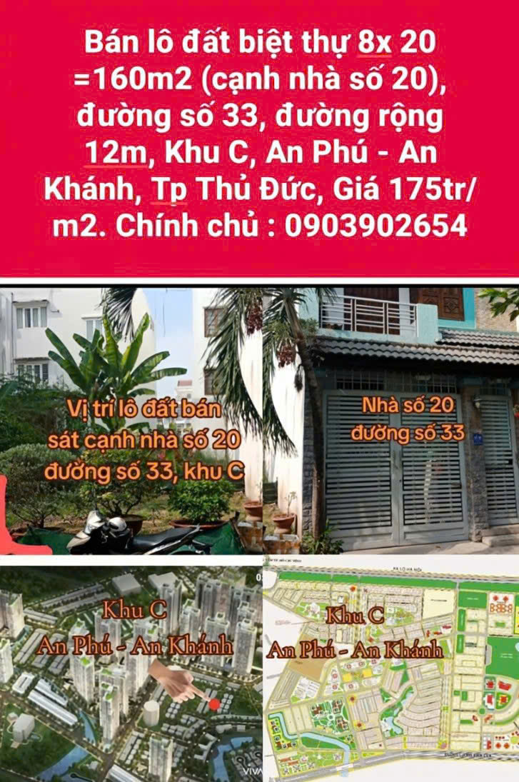 Bán đất đường số 33 KĐT mới An Phú An Khánh Q2, TP Thủ Đức. 160m2 giá chỉ 175tr/m2.