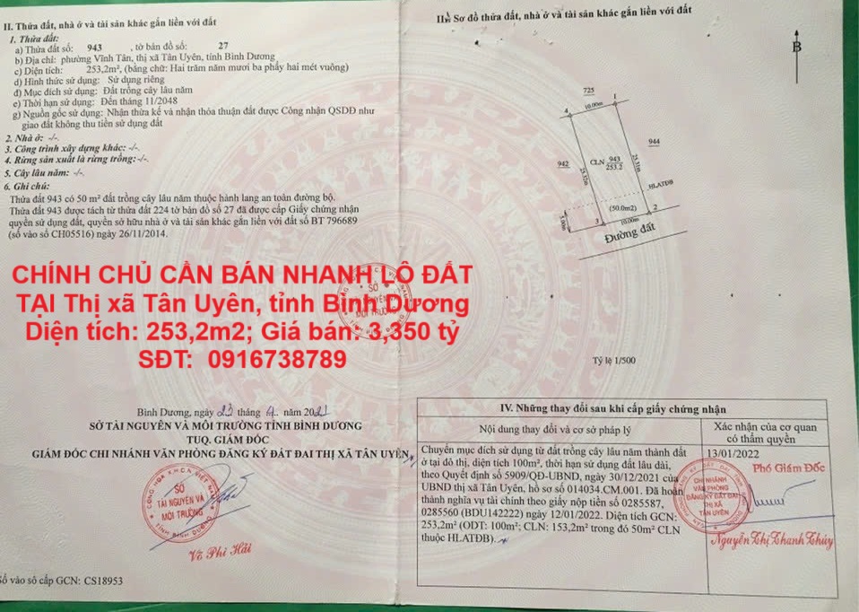 CHÍNH CHỦ CẦN BÁN NHANH LÔ ĐẤT TẠI Thị xã Tân Uyên, tỉnh Bình Dương