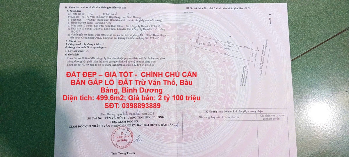ĐẤT ĐẸP – GIÁ TỐT - CHÍNH CHỦ CẦN BÁN GẤP LÔ ĐẤT Trừ Văn Thố, Bàu Bàng, Bình Dương