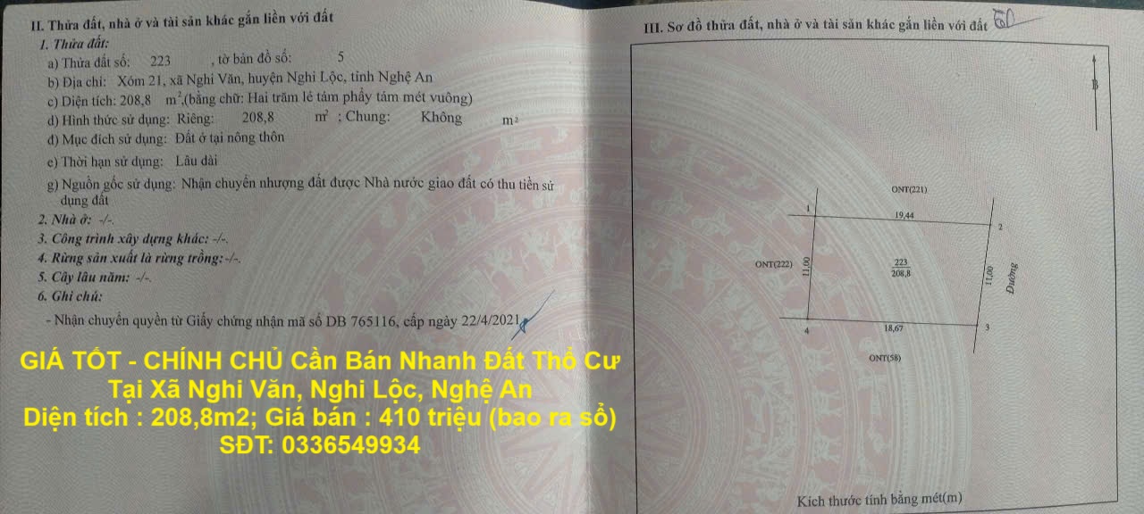GIÁ TỐT - CHÍNH CHỦ Cần Bán Nhanh Đất Thổ Cư Tại Xã Nghi Văn, Nghi Lộc, Nghệ An