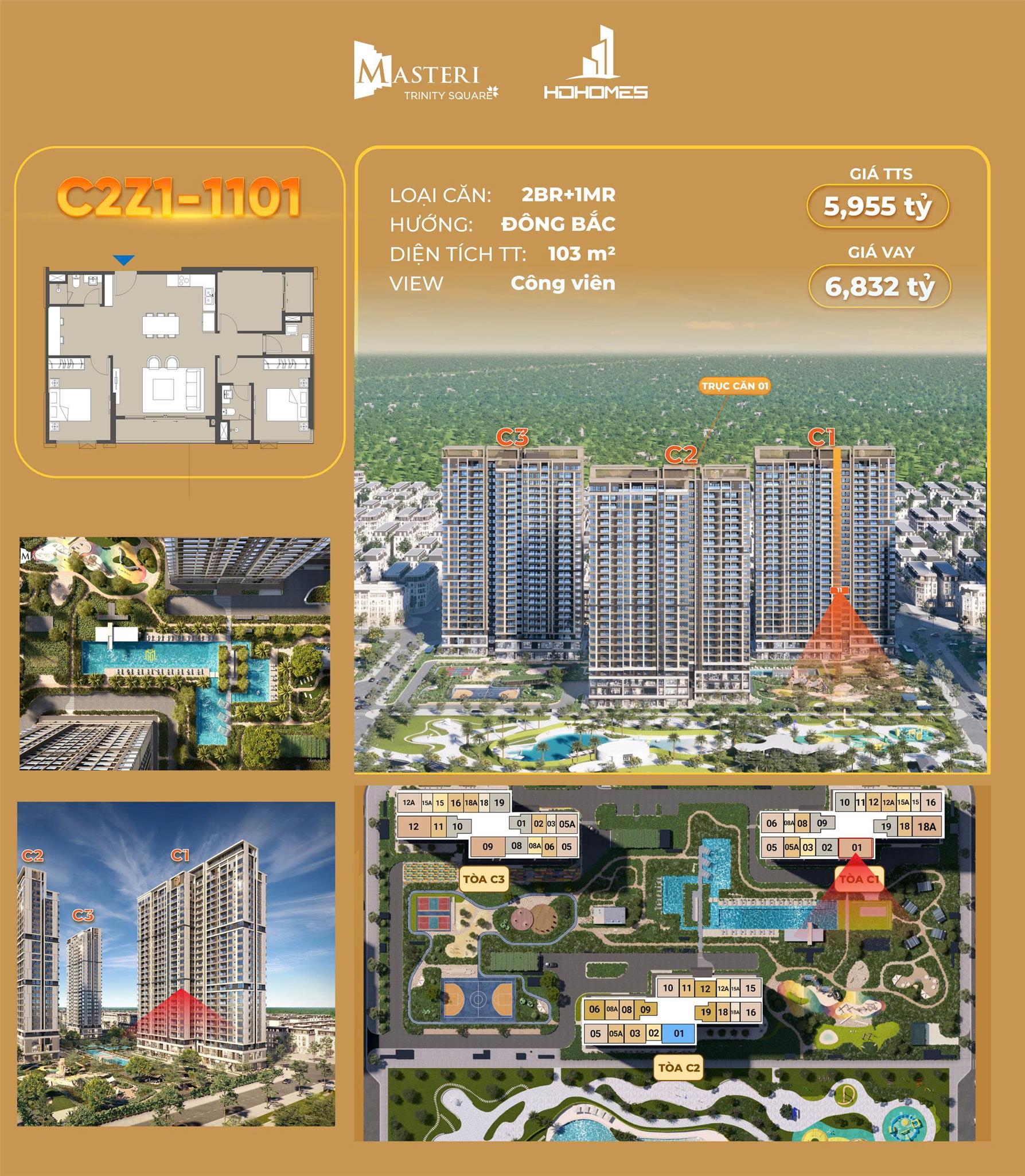 Bán căn 3PN +1 – 103m², tầng trung 11 hướng Đông Bắc toà C2Z1 dự án Masteri Trinity Square - Vinhomes Ocean Park 2