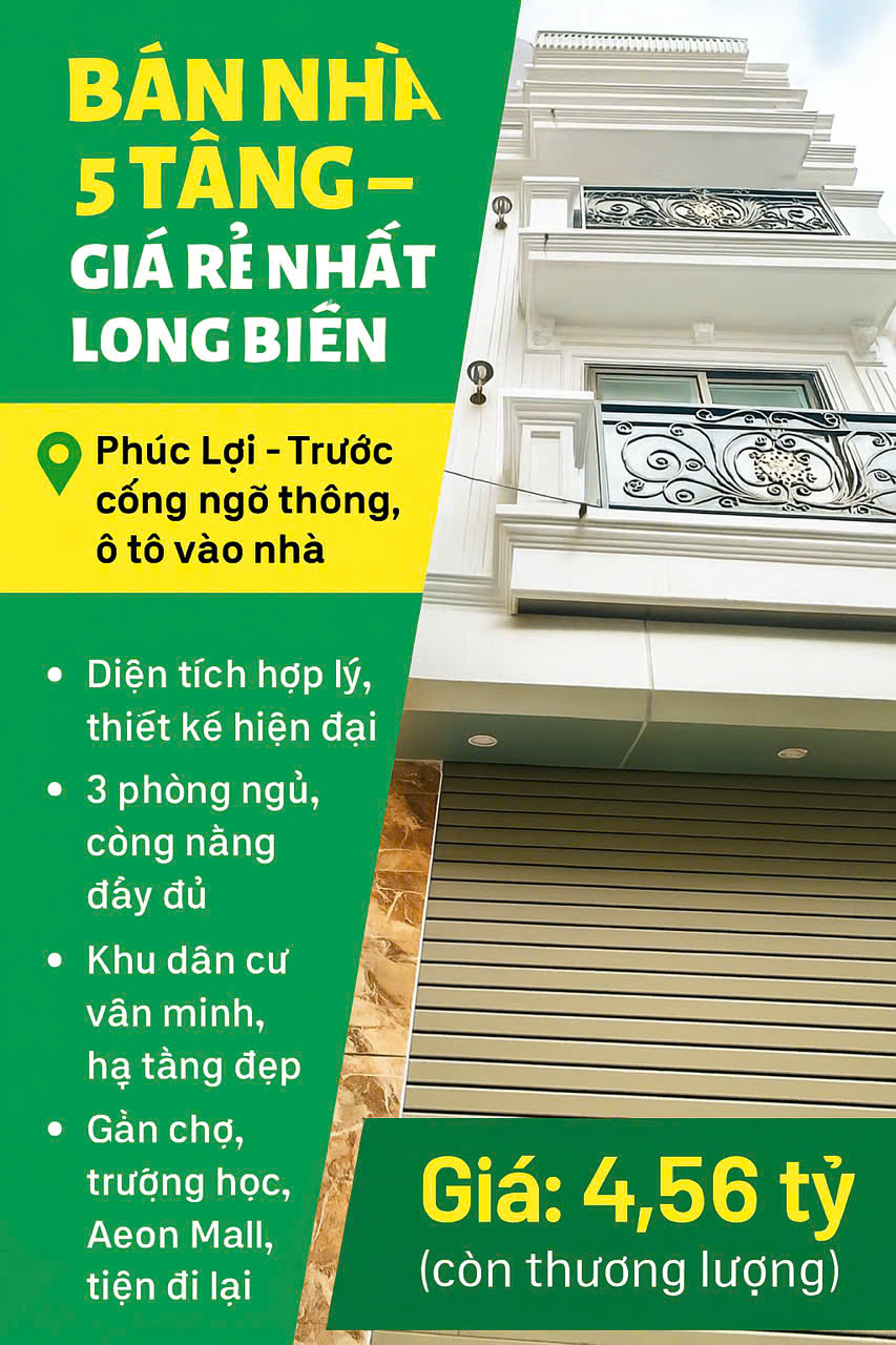 BÁN NHÀ 5 TẦNG – GIÁ RẺ NHẤT LONG BIÊN Phúc Lợi – Trước cổng ngõ thông, ô tô đỗ cổng