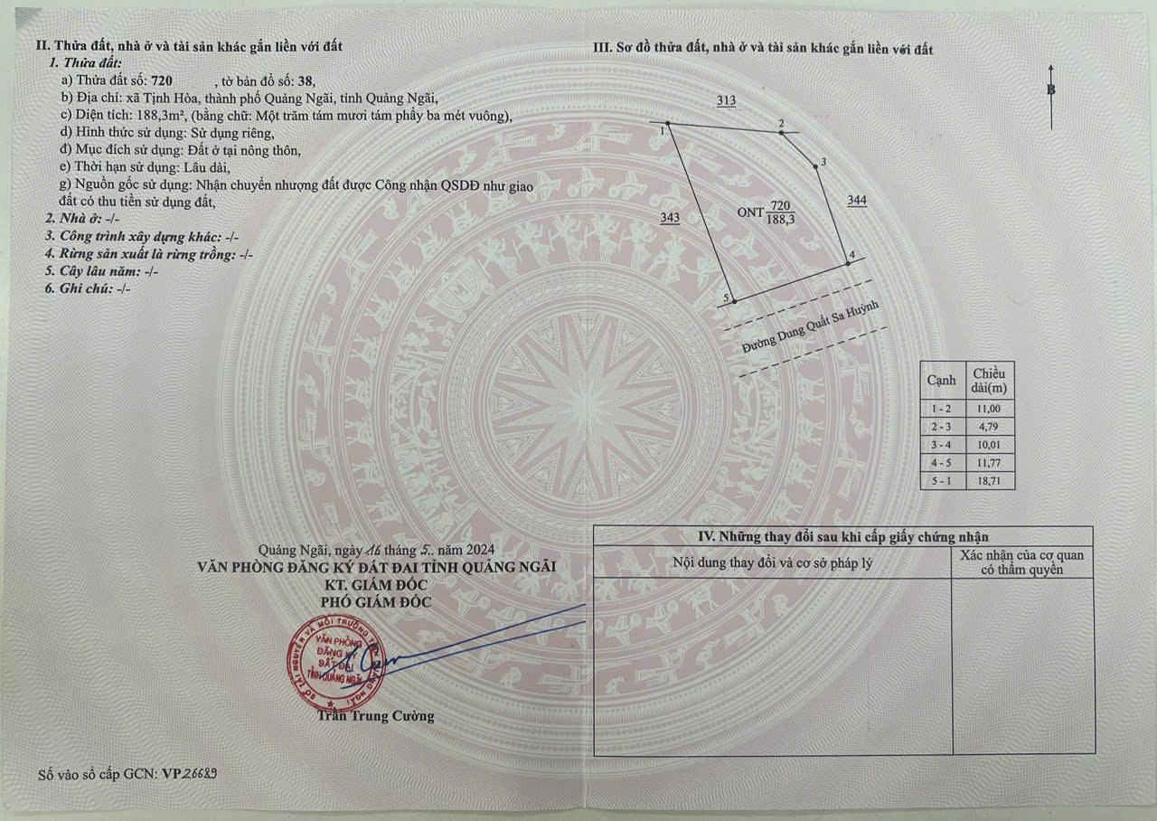 Bán đất thổ cư 188m2 MT QL24b, Tịnh Hoà, TP Quảng Ngãi - 10.5tr/m2