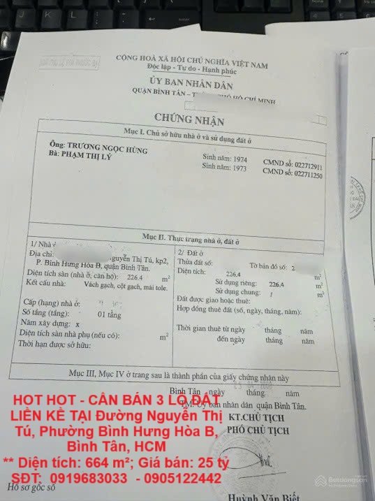 HOT HOT - CẦN BÁN 3 LÔ ĐẤT LIỀN KỀ TẠI Đường Nguyễn Thị Tú, Phường Bình Hưng Hòa B, Bình Tân, HCM