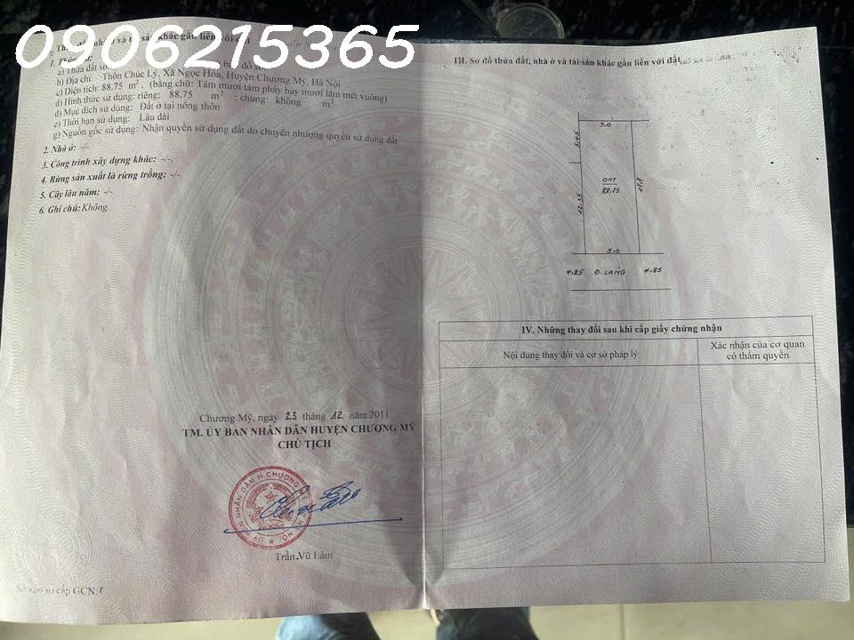 Tôi cần bán lô đất 89m2, Full thổ cư, tại Chúc Lý, Phường Chương Mỹ, TP Hà Nội, ô tô tránh, kinh doanh sầm uất