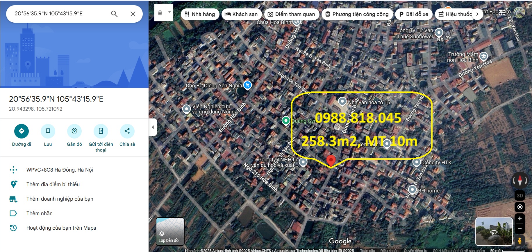 Bán đất mặt đường Yên Bình - Hòa Bình, phường Yên Nghĩa, Hà Nội. 258m2, MT 10m, miễn TG