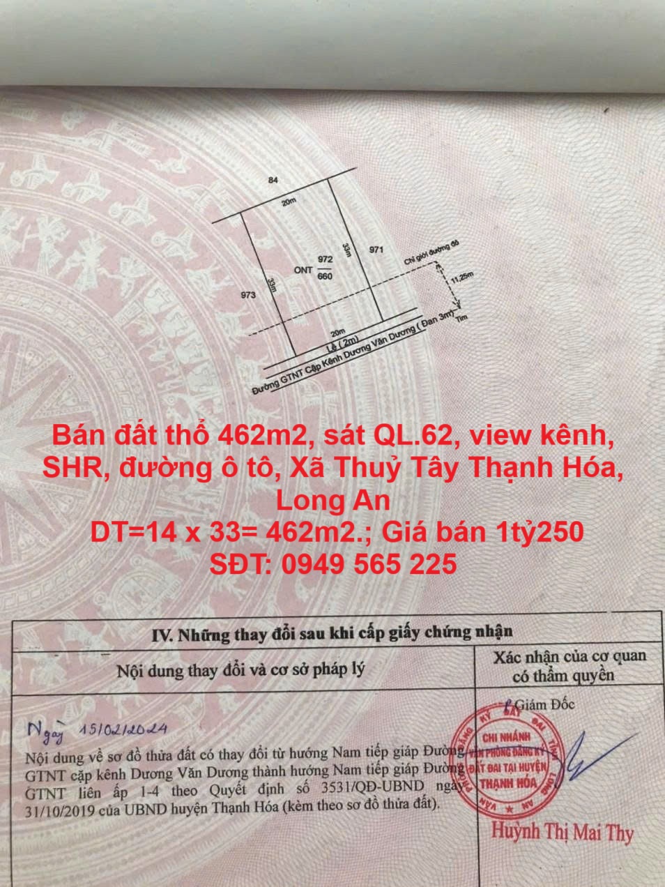 Bán đất thổ 462m2, sát QL.62, view kênh, SHR, đường ô tô, Xã Thuỷ Tây Thạnh Hóa, Long An
