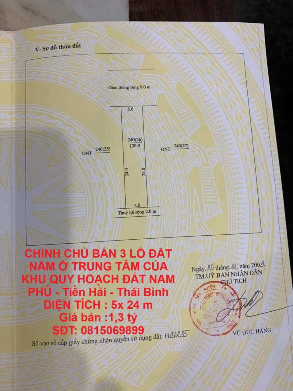 CHÍNH CHỦ BÁN 3 LÔ ĐẤT NẰM Ở TRUNG TÂM CỦA KHU QUY HOẠCH ĐẤT NAM PHÚ - Tiền Hải - Thái Bình