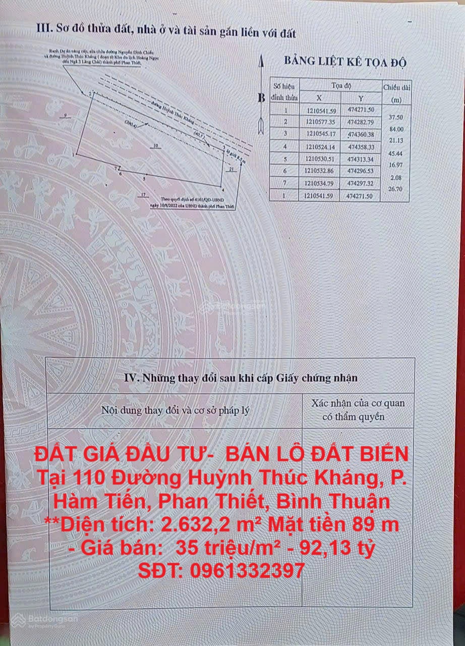 ĐẤT GIÁ ĐẦU TƯ- BÁN LÔ ĐẤT BIỂN Tại 110 Đường Huỳnh Thúc Kháng, P. Hàm Tiến, Phan Thiết, Bình Thuận
