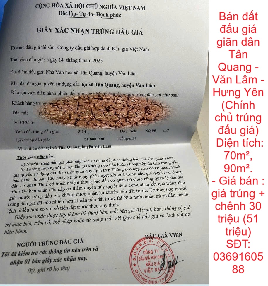 Bán đất đấu giá giãn dân Tân Quang - Văn Lâm - Hưng Yên (Chính chủ trúng đấu giá)
