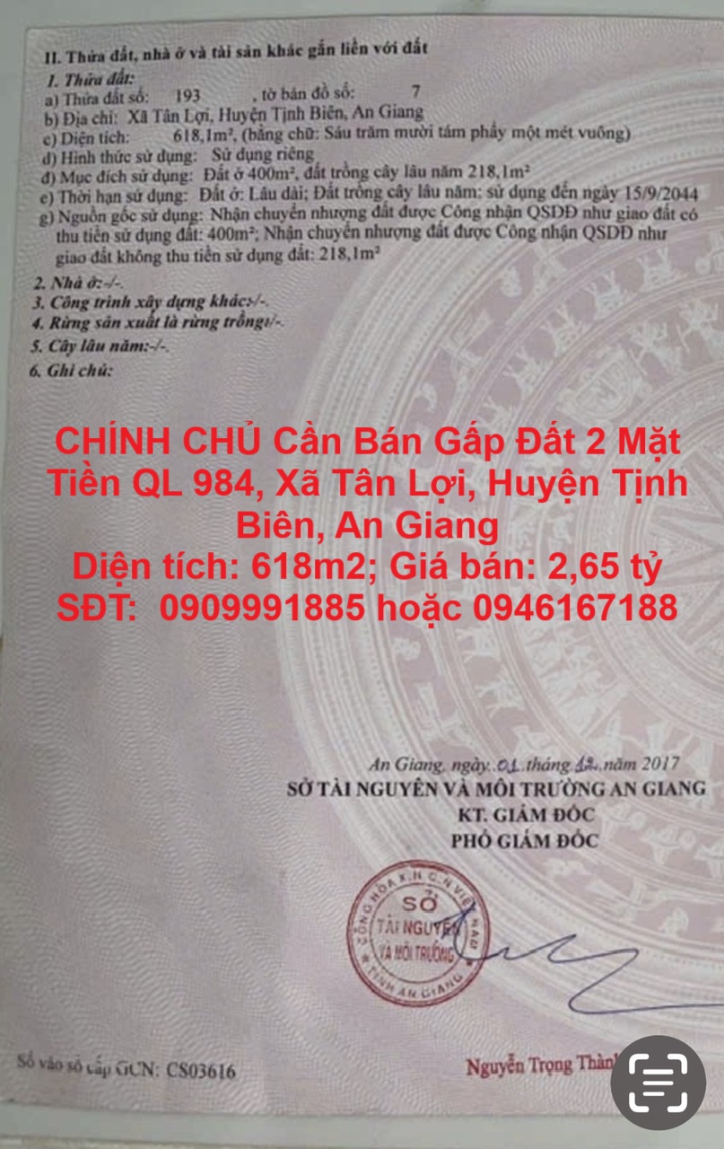 CHÍNH CHỦ Cần Bán Gấp Đất 2 Mặt Tiền QL 984, Xã Tân Lợi, Huyện Tịnh Biên, An Giang