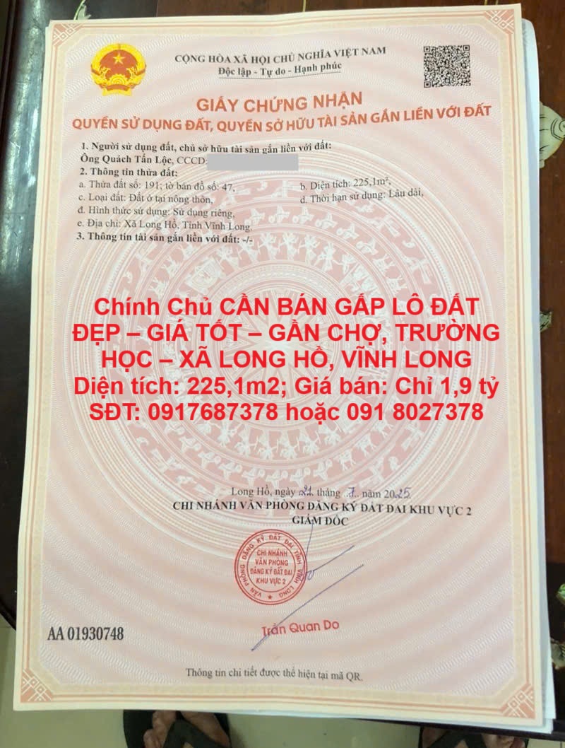 Chính Chủ CẦN BÁN GẤP LÔ ĐẤT ĐẸP – GIÁ TỐT – GẦN CHỢ, TRƯỜNG HỌC – XÃ LONG HỒ, VĨNH LONG