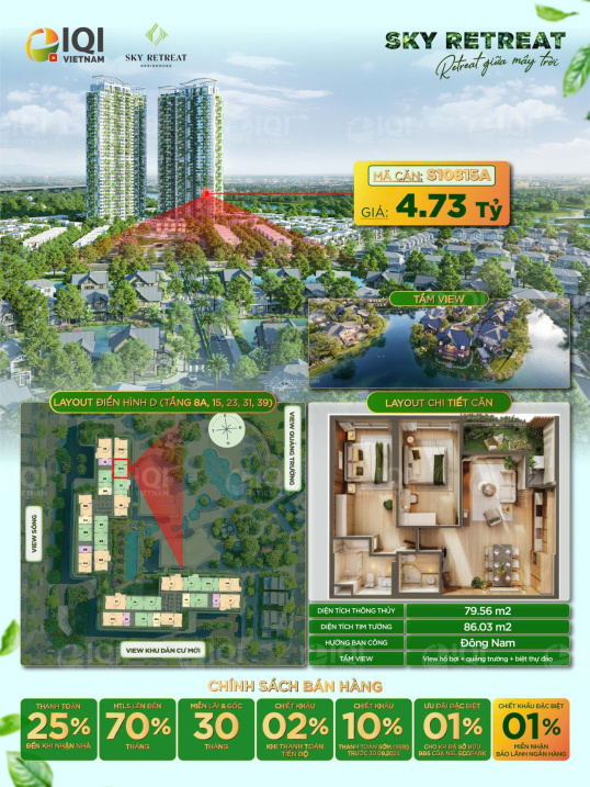 Căn hộ 2Pn Eco Retreat hướng Đông Nam view biệt thự đảo & trực diện quảng trường ko chênh