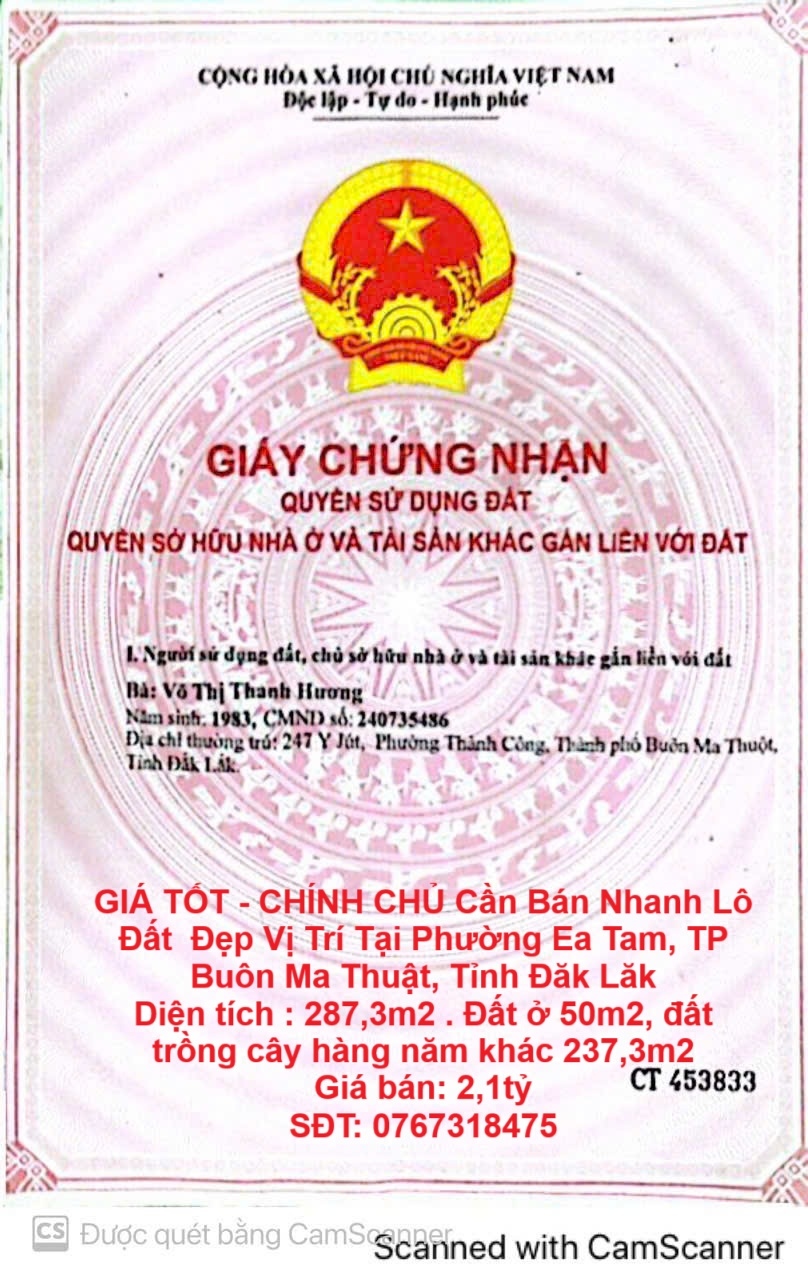GIÁ TỐT - CHÍNH CHỦ Cần Bán Nhanh Lô Đất Đẹp Vị Trí Tại TP Buôn Ma Thuật, Tỉnh Đăk Lăk