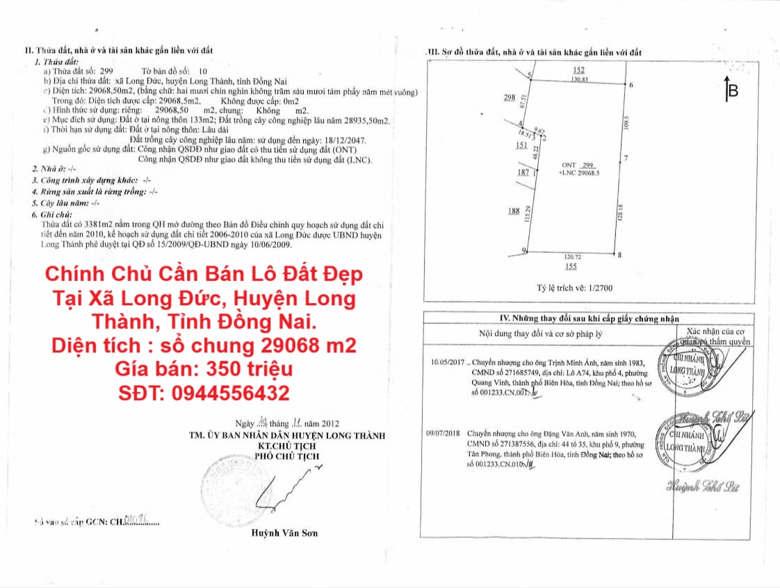 Chính Chủ Cần Bán Lô Đất Đẹp Tại Xã Long Đức, Huyện Long Thành, Tỉnh Đồng Nai.