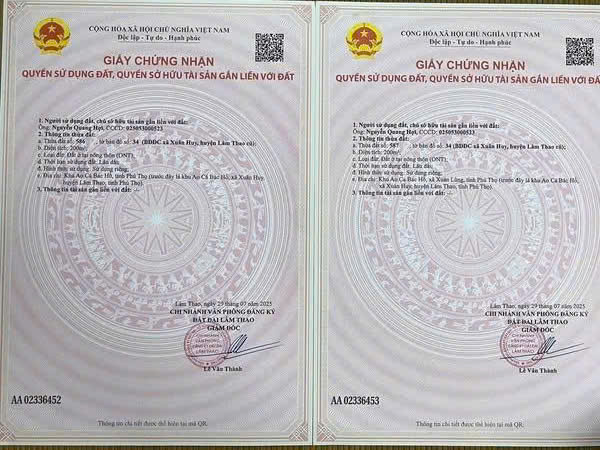 BÁN 2 LÔ ĐẤT LIỀN KỀ TẠI XUÂN HUY – LÂM THAO, PHÚ THỌ