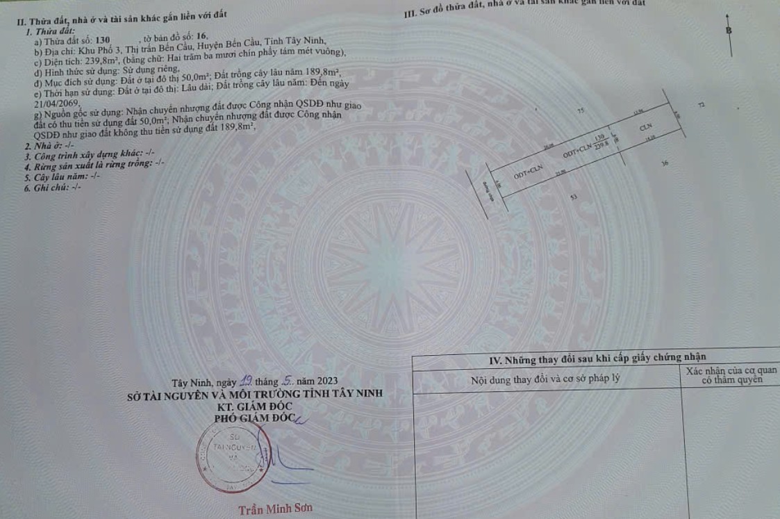 ĐẤT CHÍNH CHỦ - Giá tốt - Vị Trí Đẹp tại khu phố 3, thị trấn Bến Cầu, Tây Ninh