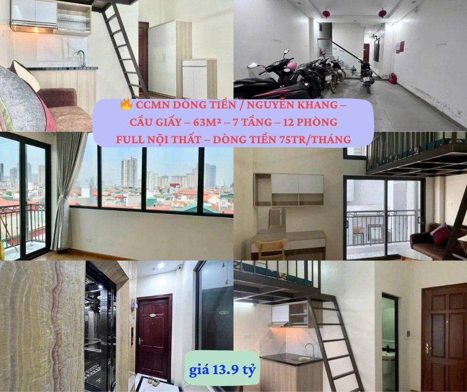 NGUYỄN KHANG – CẦU GIẤY – 63M² – 7 TẦNG THANG MÁY – 12 PHÒNG FULL NỘI THẤT – DÒNG TIỀN 75TR/THÁNG – GIÁ 13,9 TỶ