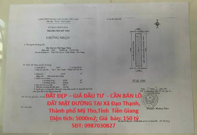 ĐẤT ĐẸP – GIÁ ĐẦU TƯ - CẦN BÁN LÔ ĐẤT MẶT ĐƯỜNG TẠI Xã Đạo Thạnh, Thành phố Mỹ Tho,Tỉnh Tiền Giang