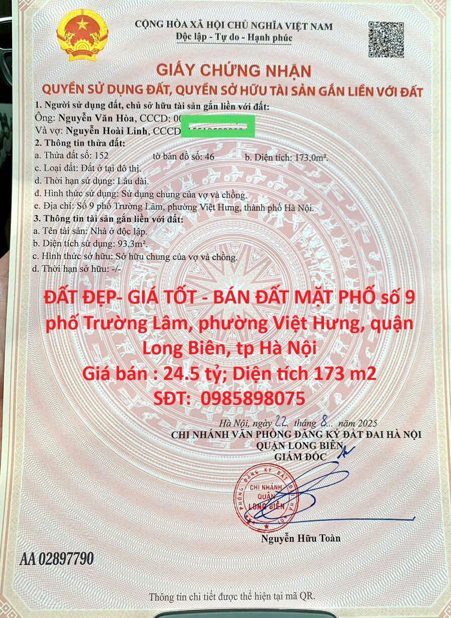 ĐẤT ĐẸP- GIÁ TỐT - BÁN ĐẤT MẶT PHỐ TRƯỜNG LÂM, Quận LONG BIÊN, tp HÀ NỘI