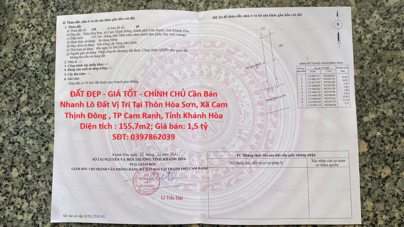 ĐẤT ĐẸP - GIÁ TỐT - CHÍNH CHỦ Cần Bán Nhanh Lô Đất Vị Trí Tại TP Cam Ranh, Tỉnh Khánh Hòa