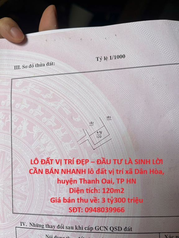 LÔ ĐẤT VỊ TRÍ ĐẸP – ĐẦU TƯ LÀ SINH LỜI CẦN BÁN NHANH lô đất vị trí tại huyện Thanh Oai, TP HN