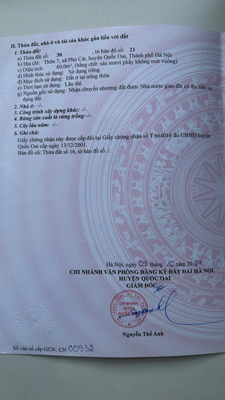 BÁN LÔ ĐẤT ĐẸP - VỊ TRÍ ĐẸP TẠI THÔN 7, XÃ PHÚ CÁT, QUỐC OAI, HÀ NỘI