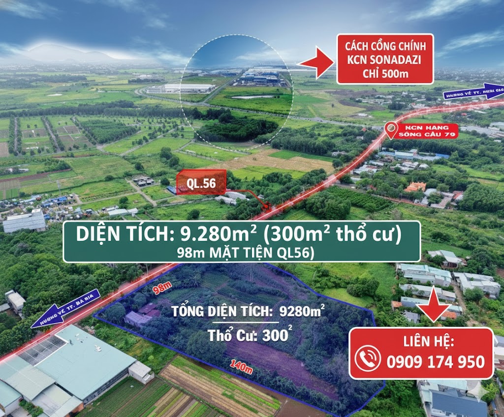 Bán 9.280m² (300m² thổ cư) 98m MT QL56 KCN Sonadezi TP Bà Rịa – giá chỉ 5 triệu/m²