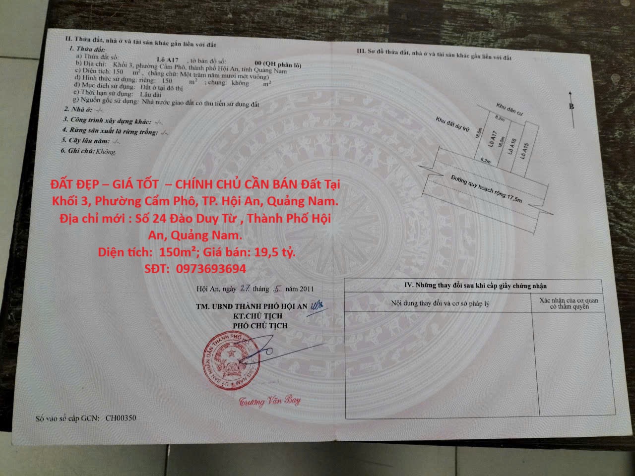 ĐẤT ĐẸP – GIÁ TỐT – CHÍNH CHỦ CẦN BÁN Đất Tại Khối 3, Phường Cẩm Phô, TP. Hội An, Quảng Nam.