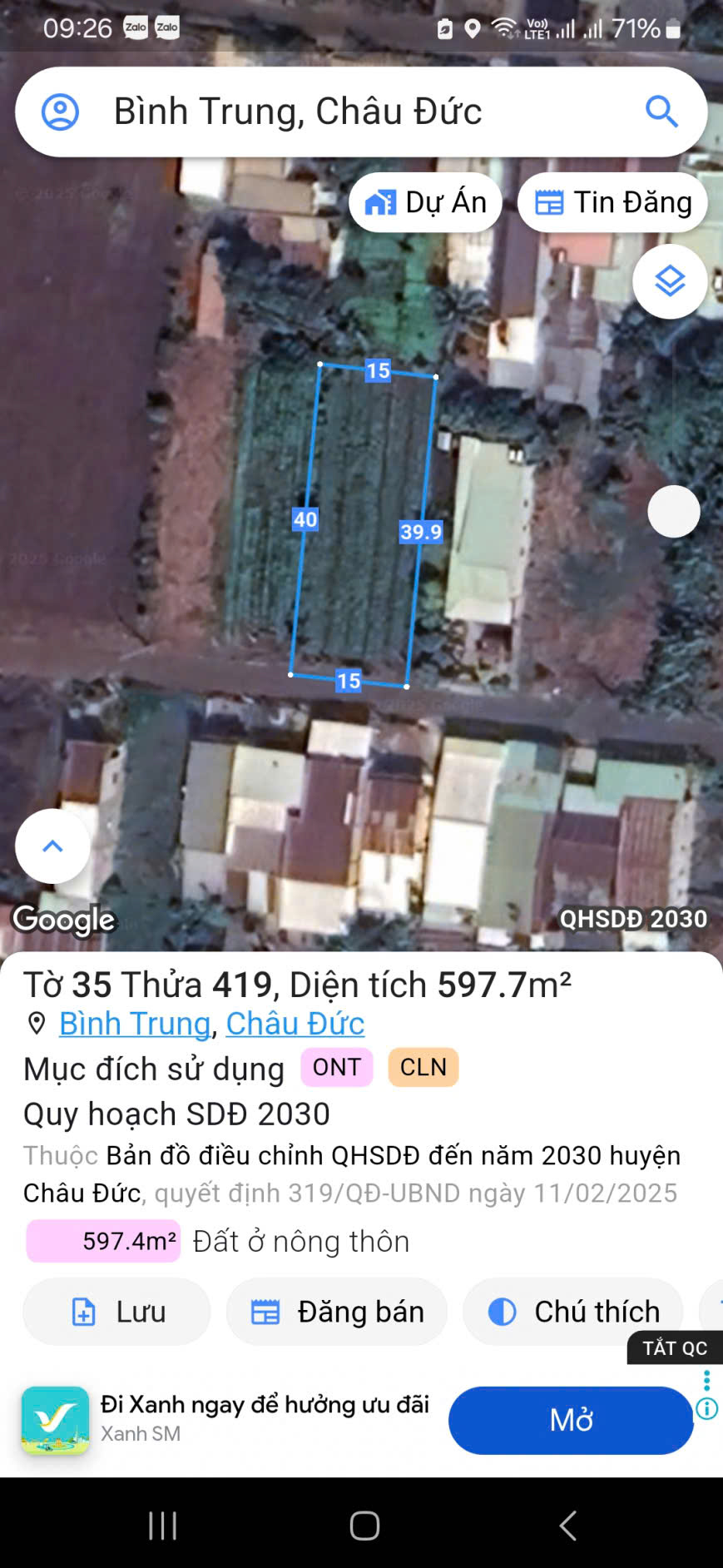 Cần bán lô đất Hàng 5 thôn 5 , Bình Trung , Châu Đức , BRVT ( nay là TP.HCM ) DT : 15x40 ( 80 Thổ Cư )