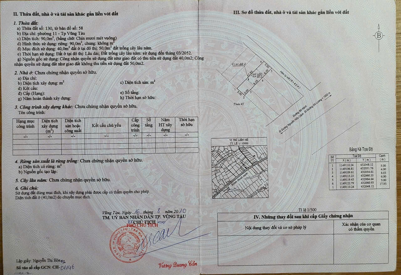 Chủ cần tiền bán lô đất phường 11 Diện tích 5x18=90m2. Sổ riêng có 40m thổ cư Giá 2 tỷ 5